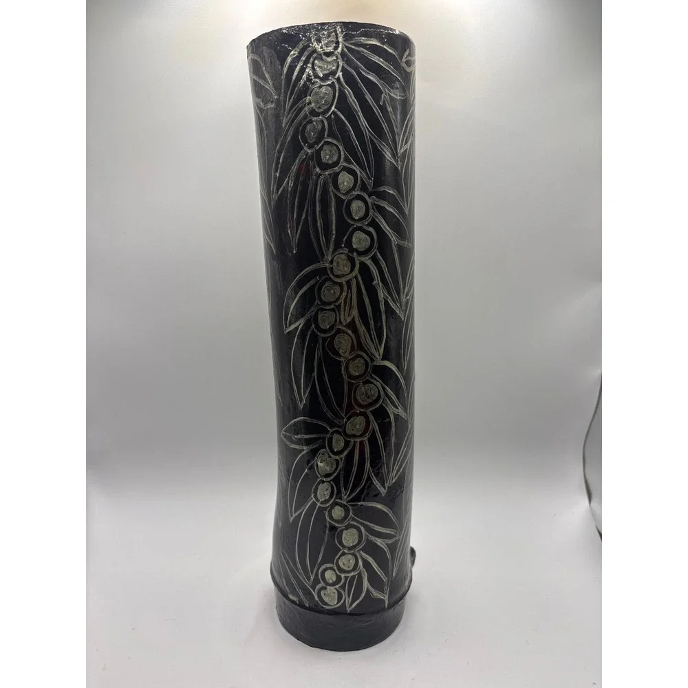 Handcraft Etched Bamboo Cylinder Vase Black Lacquer Botanical Leaf Berry Design